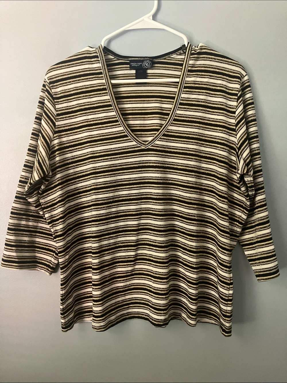Vintage 1983 Venezia V-Neck Striped Women’s Top - Black Cream & Gold Striped